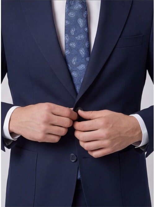 Navy Blue Slim Fit Peak Lapel Patch Pocket Mens Suit
