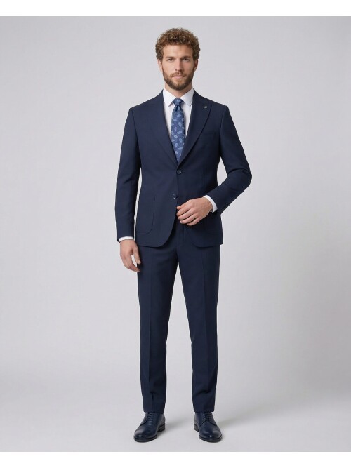 Navy Blue Slim Fit Peak Lapel Patch Pocket Mens Suit
