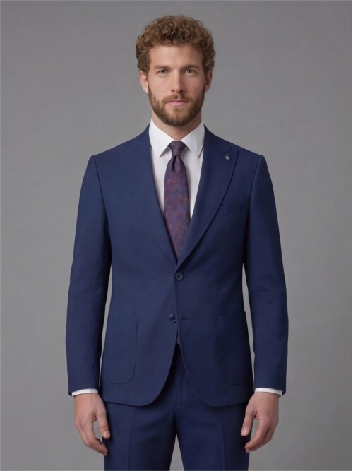 Navy Blue Slim Fit Peak Lapel Patch Pocket Mens Suit
