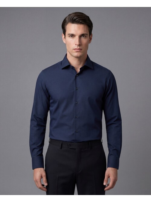 Lacivert Slim Fit Uzun Kollu Klasik Yaka Gömlek