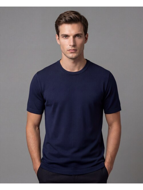 Navy Blue Knit Crew Neck Short Sleeve