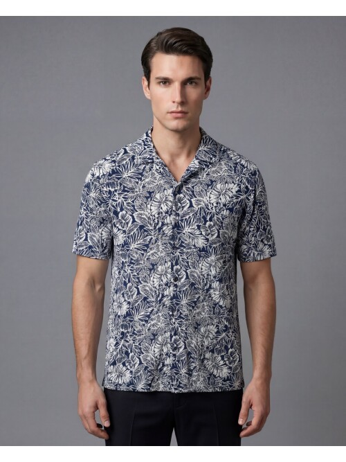 Lacivert Tropikal Yaprak Desenli Regular Fit Kısa Kollu Gömlek