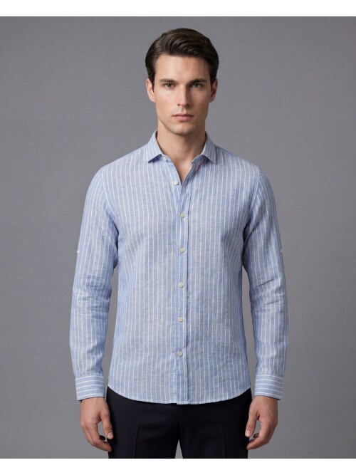 Mavi Çizgili Regular Kalıp Uzun Kollu Erkek Gömlek