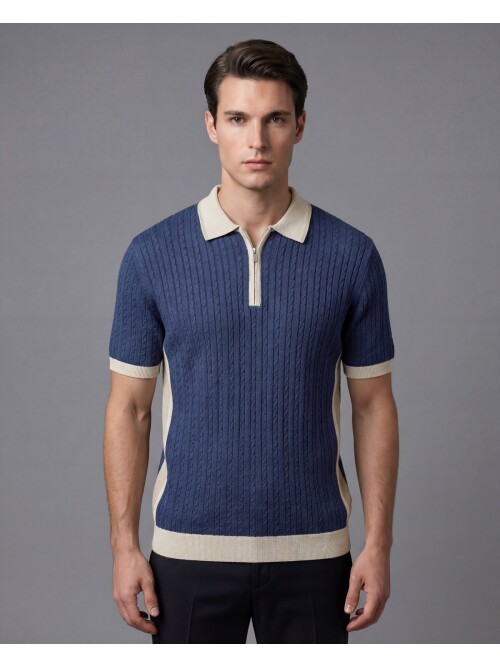 Mavi Fermuarlı Polo Yaka Baklava Desenli Triko Tişört