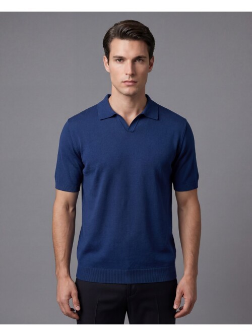 Mavi Polo Yaka Kendinden Desenli Kısa Kollu Triko Tişört