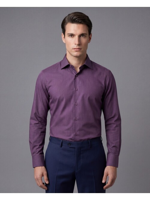 Mor Slim Fit Uzun Kollu Klasik Yaka Gömlek