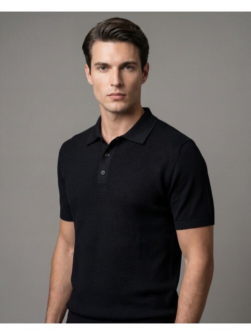 Black Patterned Polo Neck 3-Button Short Sleeve Knit
