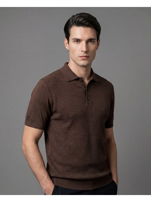 Dark Brown Patterned Polo Neck 3-Button Short Sleeve Knit