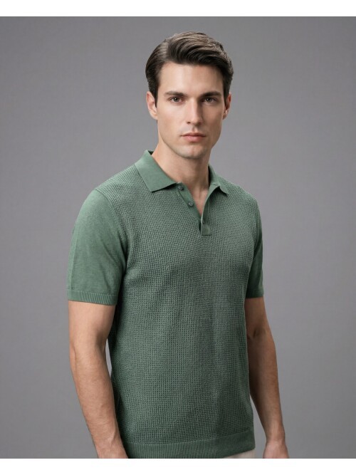 Light Green Patterned Polo Neck 3-Button Short Sleeve Knit
