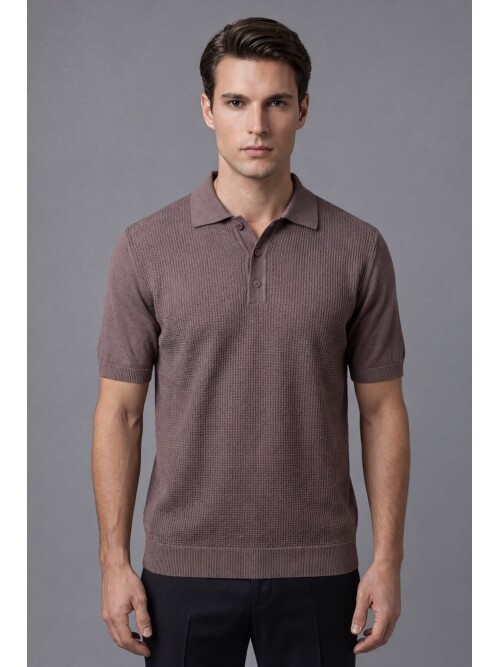 Brown Patterned Polo Neck 3-Button Short Sleeve Knitwear