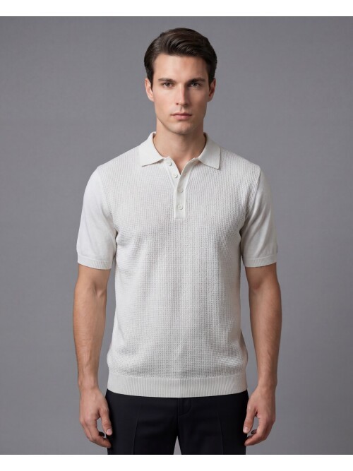 Beige Patterned Polo Neck 3-Button Short Sleeve Knitwear