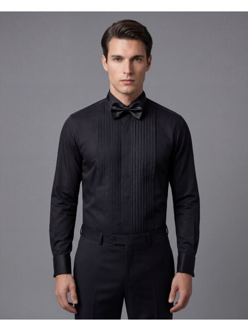 Siyah Ata Yaka Geniş Piliseli Damatlık Gömlek