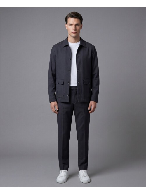 Siyah Gömlek Yaka Düğmeli Torba Cepli Takım