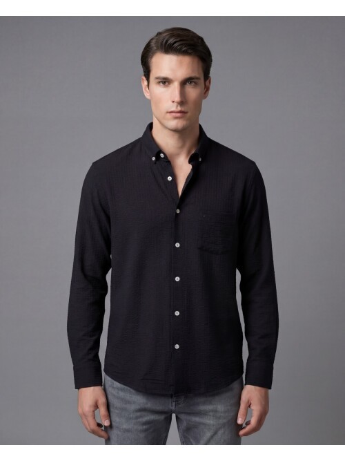 Siyah Kendinden Desenli Slim Fit Uzun Kollu Gömlek