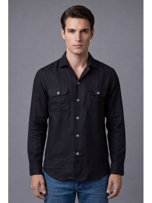 Siyah Keten Kapaklı Cep Regular Fit Uzun Kollu Gömlek