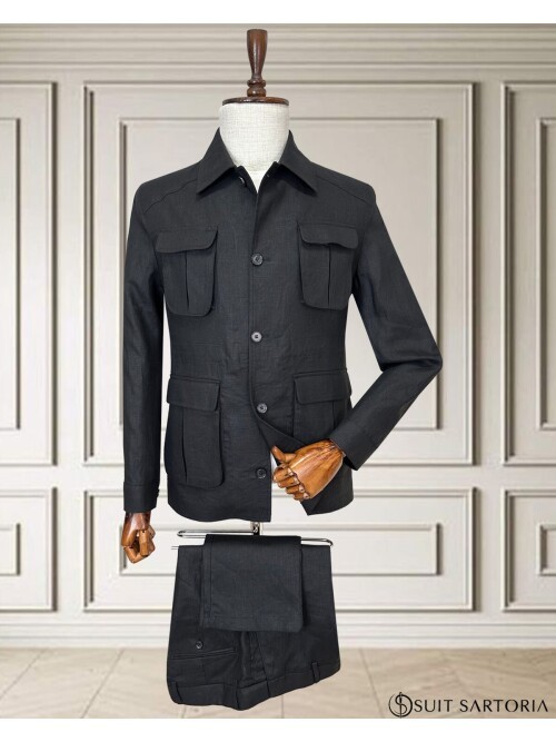 Siyah Keten Safari Model Dört Cepli Takım Elbise