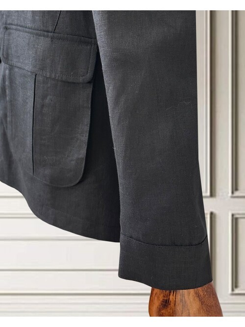 Siyah Keten Safari Model Dört Cepli Takım Elbise