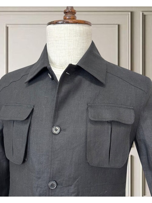 Siyah Keten Safari Model Dört Cepli Takım Elbise