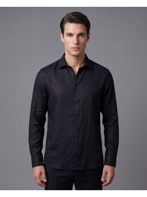 Siyah Premium Keten Regular Fit Uzun Kollu Gömlek