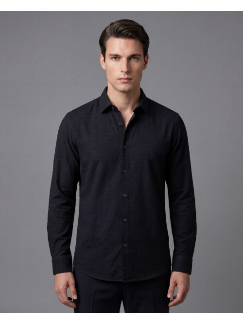 Siyah Regular Kalıp Desenli Uzun Kollu Gömlek