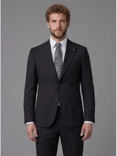 Black Slim Fit Notch Lapel Suit with Patch Pockets