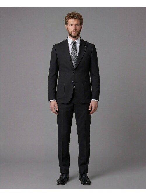 Black Slim Fit Notch Lapel Suit with Patch Pockets