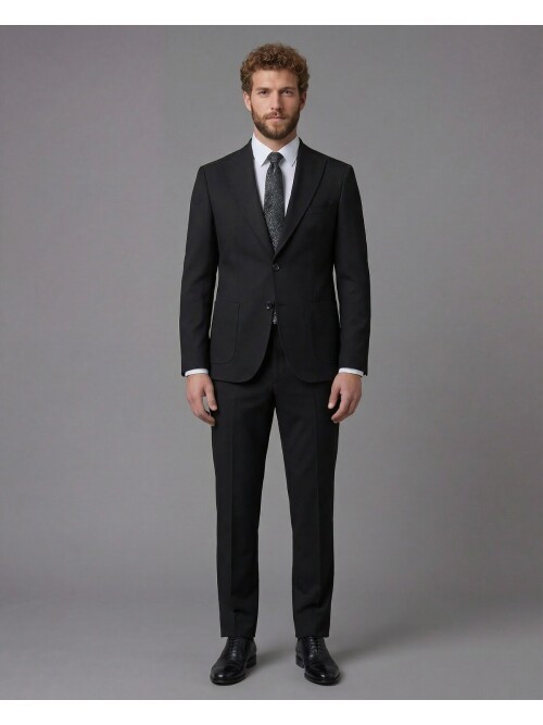 Black Slim Fit Peak Lapel Patch Pocket Mens Suit