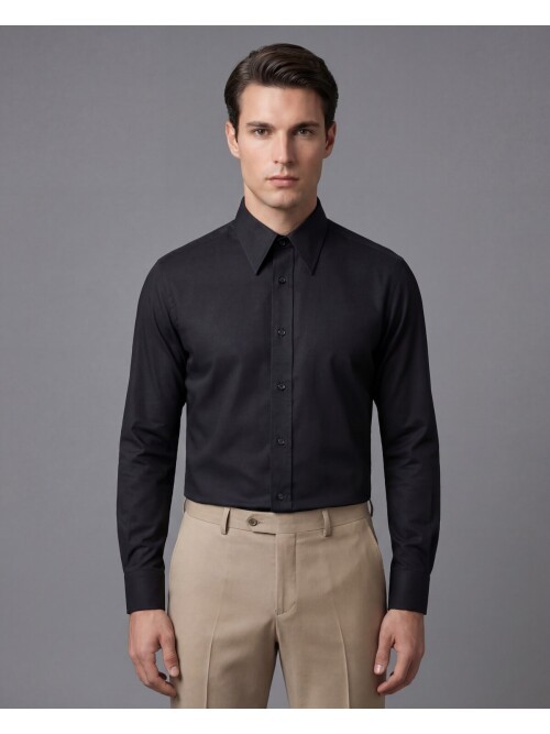 Siyah Slim Fit Sivri Yaka Uzun Kollu Gömlek