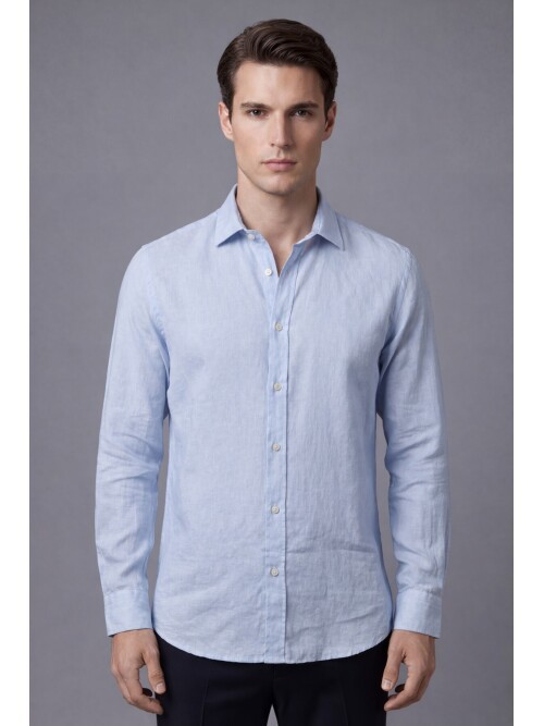 Açık Mavi Premium Keten Regular Fit Uzun Kollu Gömlek