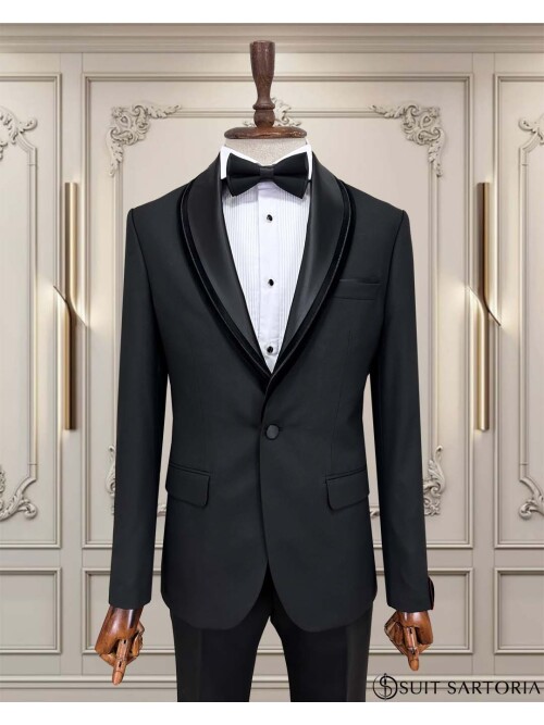 SUIT SARTORIA REMOVABLE LAPEL BLACK TUXEDO 5062