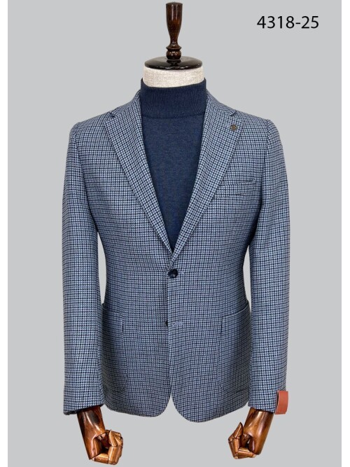 Blue Houndstooth Mono Lapel Men’s Blazer with Patch Pockets