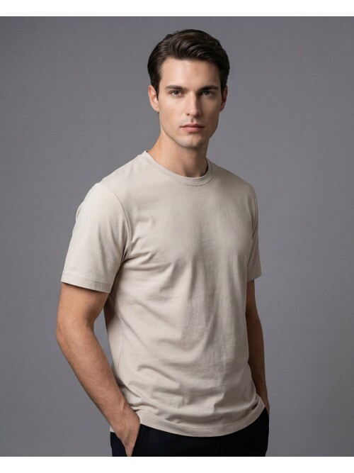 Taş Rengi Bisiklet Yaka Pamuklu Slim Fit T-shirt