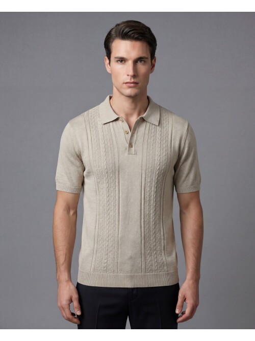 Taş Rengi Dokulu 3 Düğmeli Polo Yaka Triko Tişört