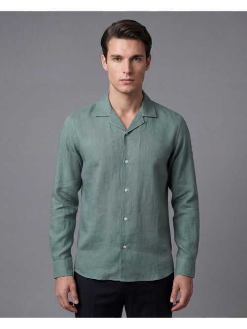 Yeşil Regular Kalıp %100 Keten Uzun Kollu Gömlek