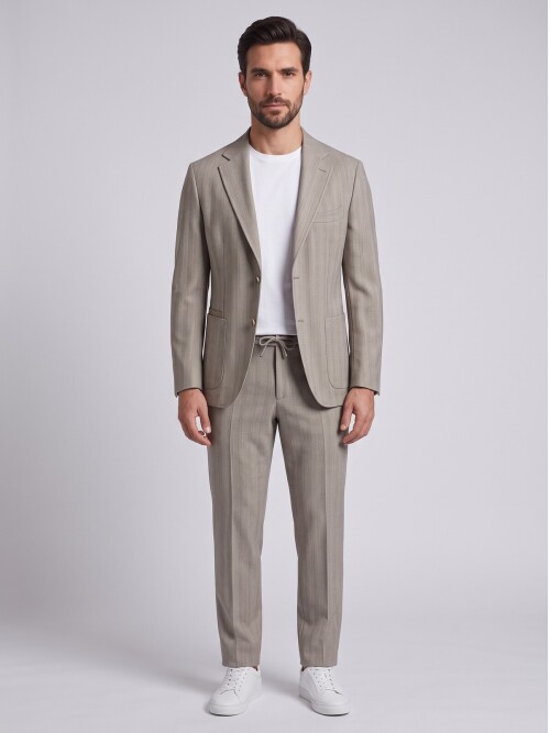 Bej Smart Casual Ceket Pantolon Erkek Takım