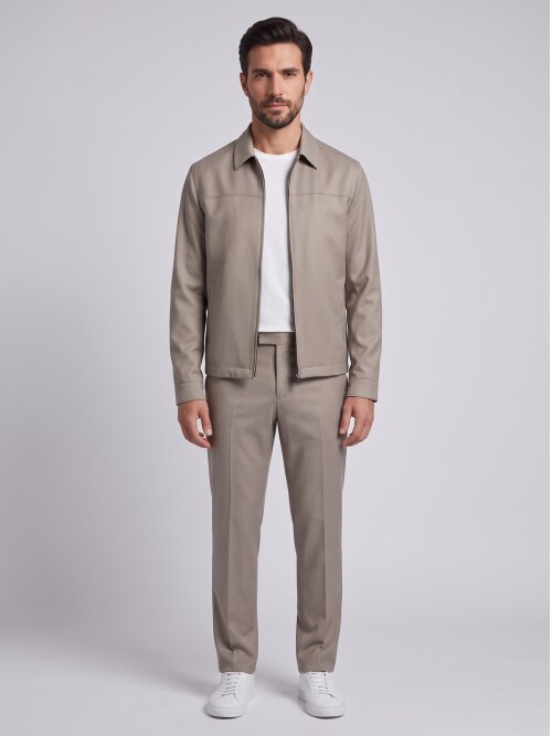 Bej Fermuarlı Smart Casual Ceket Pantolon Erkek Takım