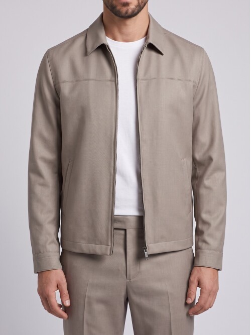 Bej Fermuarlı Smart Casual Ceket Pantolon Erkek Takım