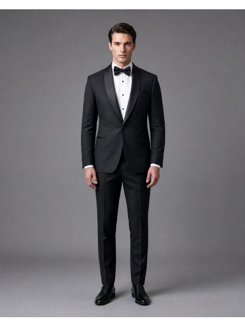 Black Shawl Lapel Wool Slim Fit Single Button Groom Suit