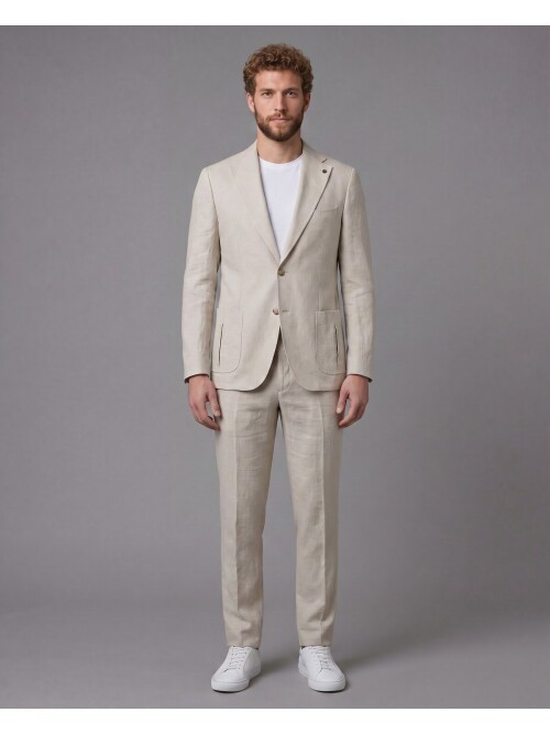 Light Beige Notch Lapel Slim Fit Patch Pocket 2-Button Suit