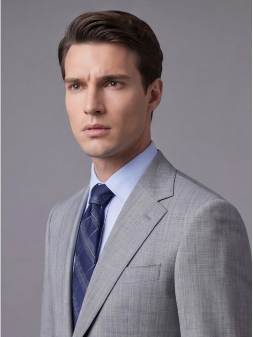 Açık Gri Çizgili Yünlü Mono Yaka Regular Fit Takım Elbise