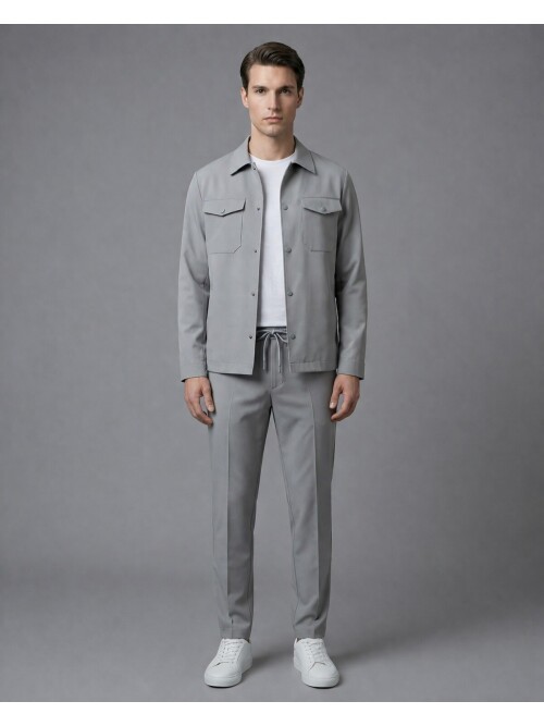 Light Grey Comfort Fit Shirt Collar Safari Pocket Sporty Suit
