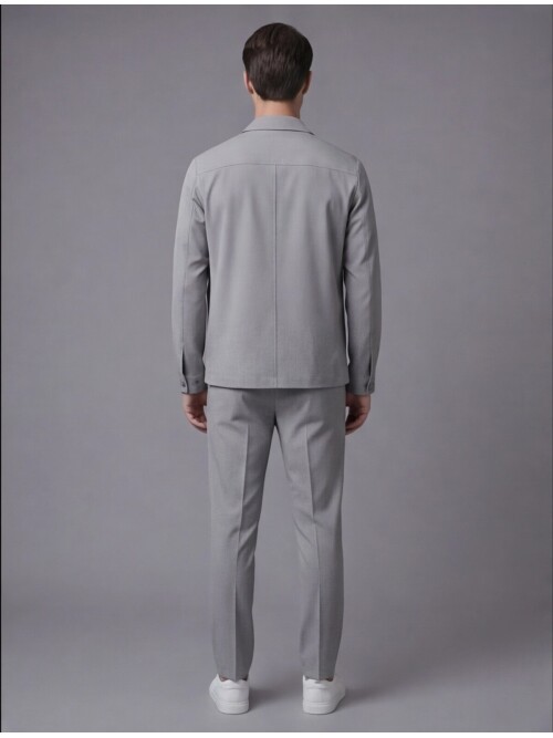 Light Grey Comfort Fit Shirt Collar Safari Pocket Sporty Suit