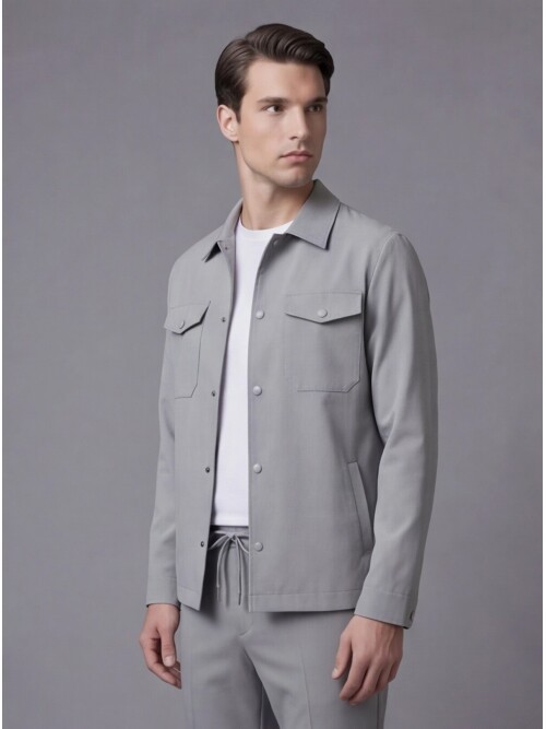 Light Grey Comfort Fit Shirt Collar Safari Pocket Sporty Suit