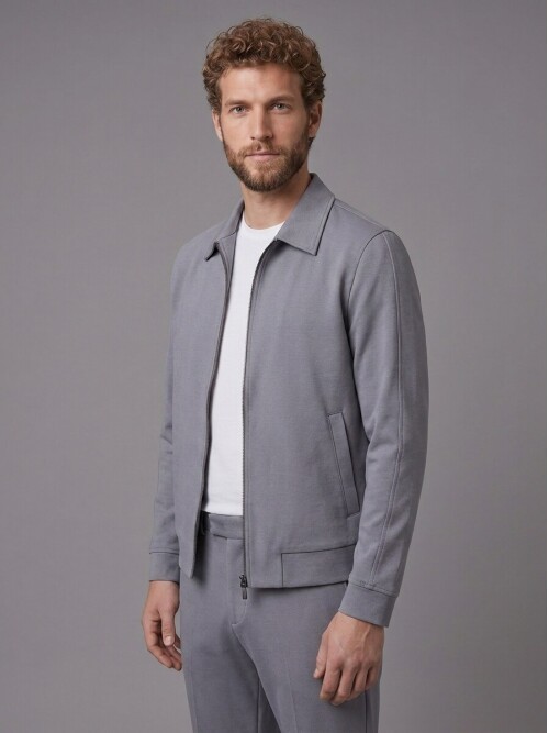 Açık Gri Gömlek Yaka Fermuarlı Comfort Fit Spor Takım Elbise