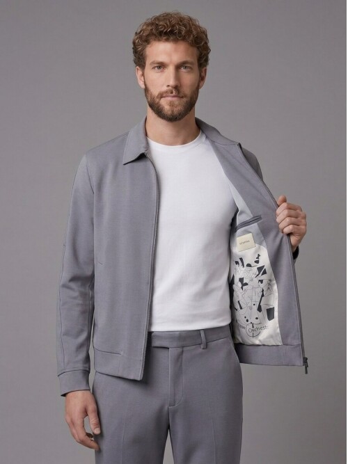 Açık Gri Gömlek Yaka Fermuarlı Comfort Fit Spor Takım Elbise