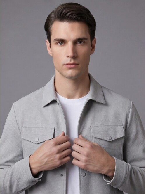 Açık Gri Gömlek Yaka Safari Cep Comfort Fit Spor Takım