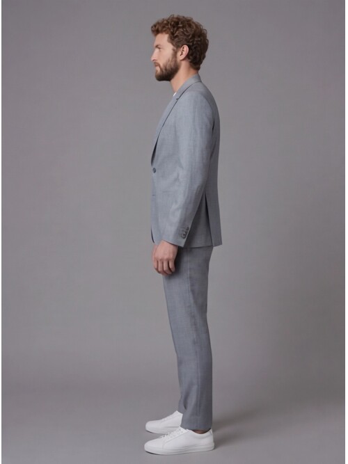 Açık Gri Keten Sivri Yaka Comfort Fit Torba Cep 2 Düğme Takım Elbise