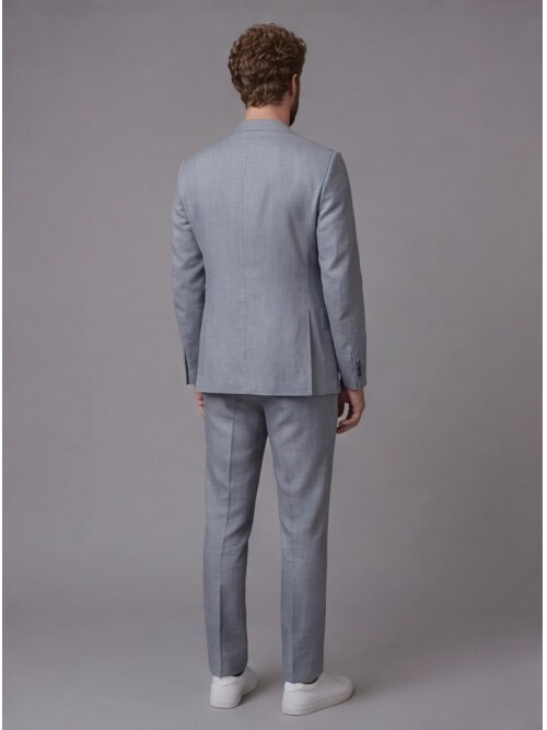 Açık Gri Keten Sivri Yaka Comfort Fit Torba Cep 2 Düğme Takım Elbise