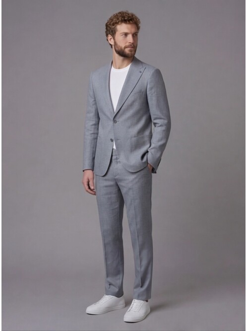 Açık Gri Keten Sivri Yaka Comfort Fit Torba Cep 2 Düğme Takım Elbise