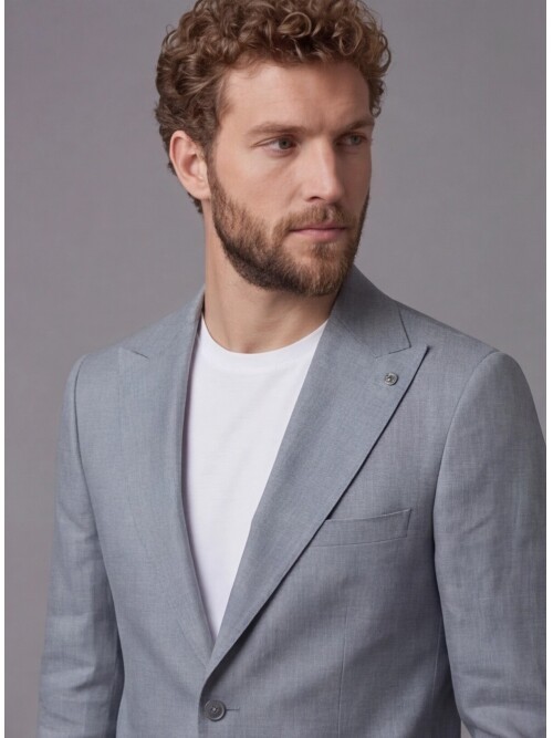 Açık Gri Keten Sivri Yaka Comfort Fit Torba Cep 2 Düğme Takım Elbise